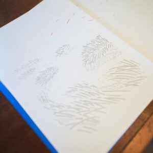 산들바람 잡지 그림 확대 — 짧은 선을 쌓아 그린 풀숲과 주홍 꽃잎